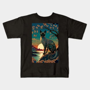 Cat and Lake Sunset Scene Kids T-Shirt